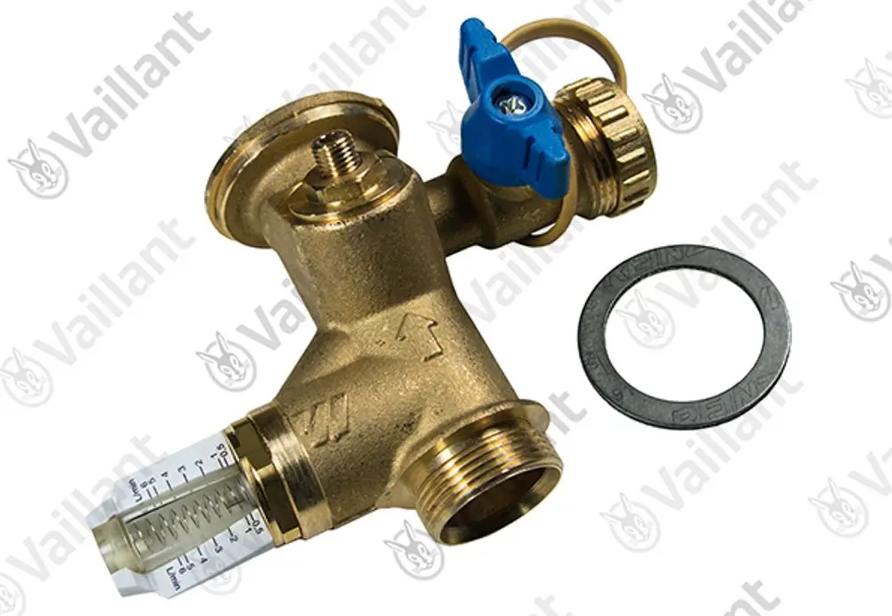 Vaillant Durchflussmengenregler aus Bronze mit seitlichem Anschluss, einem blauen Ventil und Sichtglas zur Durchflussanzeige.